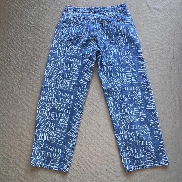 WHITE FOX BOUTIQUE ALL OVER SPELLOUT PRINT BAGGY JEANS HIGH WAIST WIDE LEG - L